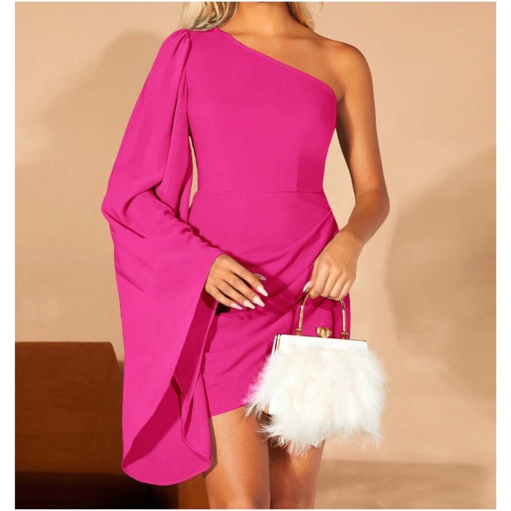 Luxe Hot Pink One Shoulder Flare Sleeve Mini Dress - Picture 1 of 9